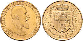 LIECHTENSTEIN. Fürstentum. Franz I, 1929-1938. 20 Franken 1930 (Gold, 21 mm, 6.45 g, 6 h), Bern. FRANZ•I•FÜRST•VON•LIECHTENSTEIN Uniformed bust of Fra...