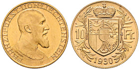 LIECHTENSTEIN. Fürstentum. Franz I, 1929-1938. 10 Franken 1930 (Gold, 19 mm, 3.22 g, 6 h), Bern. FRANZ•I•FÜRST•VON•LIECHTENSTEIN Uniformed bust of Fra...