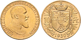 LIECHTENSTEIN. Fürstentum. Franz I, 1929-1938. 10 Franken 1930 (Gold, 19 mm, 3.23 g, 6 h), Bern. FRANZ•I•FÜRST•VON•LIECHTENSTEIN Uniformed bust of Fra...