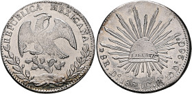 MEXICO, Republic (Second). 1867-present. 8 Reales 1861 Do (Silver, 38 mm, 26.35 g, 6 h), Durango. REPUBLICA MEXICANA. Eagle on cactus holding snake in...