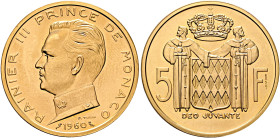 MONACO. Rainier III, 1949-2005. 5 Francs 1960 Piedfort Essai (Gold, 29 mm, 41.32 g, 12 h), Paris. RAINIER III PRINCE DE MONACO / 1960 Bare head of Rai...