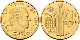 MONACO. Rainier III, 1949-2005. 50 Centimes 1962 Piedfort Essai (Gold, 25 mm, 30.24 g, 12 h), Paris. RAINIER III PRINCE DE MONACO / 1962 Bare head of ...