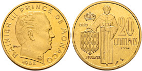 MONACO. Rainier III, 1949-2005. 20 Centimes 1962 Piedfort Essai (Gold, 23 mm, 17.32 g, 12 h), Paris. RAINIER III PRINCE DE MONACO / 1962 Bare head of ...