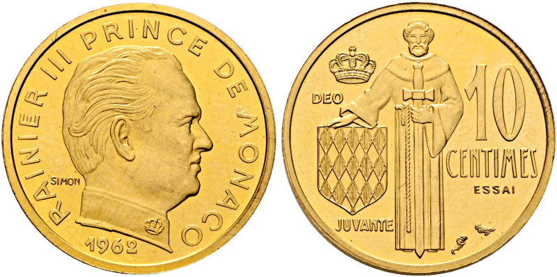MONACO. Rainier III, 1949-2005. 10 Centimes 1962 Piedfort Essai (Gold, 20 mm, 12...