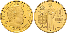 MONACO. Rainier III, 1949-2005. 10 Centimes 1962 Piedfort Essai (Gold, 20 mm, 12.96 g, 12 h), Paris. RAINIER III PRINCE DE MONACO / 1962 Bare head of ...