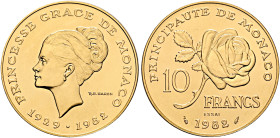 MONACO. Rainier III, 1949-2005. 10 Francs 1982 Essai (Gold, 26 mm, 19.46 g, 6 h), on the death of Princesse Grace de Monaco. Paris. PRINCESSE GRACE DE...