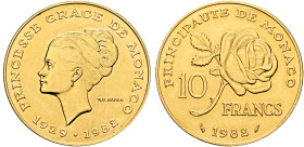 MONACO. Rainier III, 1949-2005. 10 Francs 1982 Essai (Gold, 26 mm, 19.45 g, 6 h), on the death of Princesse Grace de Monaco. Variety without 'ESSAI'. ...