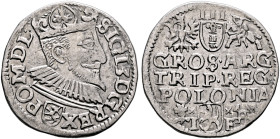 POLAND, Monarchs. Zygmunt III Waza, 1587-1632. 3 Grosze (Trojak) (Silver, 20 mm, 2.36 g, 5 h), variety without date, Wschowa (Fraustadt), no date (159...