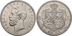 ROMANIA, Kingdom. Carol I, 1881-1914. 5 Lei 1901 B (Silver, 38 mm, 24.95 g, 6 h), Hamburg. CAROL I REGE AL ROMANIEI Head of Carol I to left, KULLRICH ...