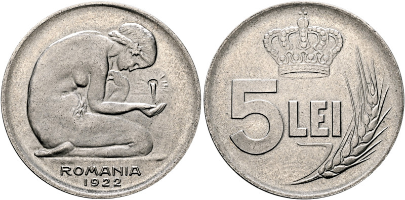 ROMANIA, Kingdom. Ferdinand I, 1914-1927. 5 Lei 1922 Pattern (Nickel, 33 mm, 13....