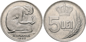 ROMANIA, Kingdom. Ferdinand I, 1914-1927. 5 Lei 1922 Pattern (Nickel, 33 mm, 13.00 g, 12 h), variety without mintmark, dies by Le Locle, Huguenin. ROM...