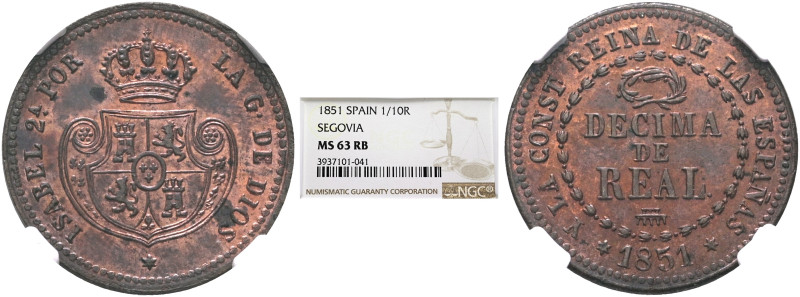 SPAIN, Reino de España. Isabel II, 1833-1868. Decima de real 1851 (Copper, 19 mm...