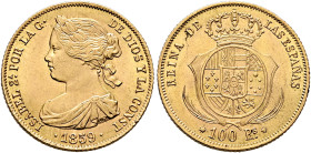 SPAIN, Reino de España. Isabel II, 1833-1868. 100 Reales 1859 (Gold, 22 mm, 8.37 g, 12 h), Barcelona. ISABEL 2A. POR LA G• - DE DIOS Y LA CONST / •185...