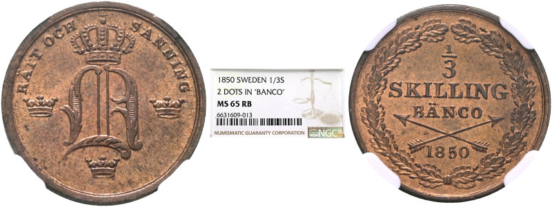 SWEDEN. Oscar I, 1844–1859. 1/3 Skilling Banco 1850 (Copper, 20 mm, 4.70 g, 6 h)...