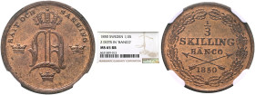 SWEDEN. Oscar I, 1844–1859. 1/3 Skilling Banco 1850 (Copper, 20 mm, 4.70 g, 6 h), engravers error with 'BÄNCO' instead of 'BANCO'. Stockholm. RÄTT OCH...