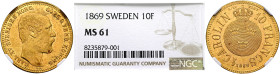 SWEDEN. Karl XV, 1859–1872. 1 Carolin = 10 Francs 1869 (Gold, 19 mm, 3.20 g, 6 h), Stockholm. CARL XV SVERIGES NORG. - GÖTH. O. VEND. KONUNG Bare head...