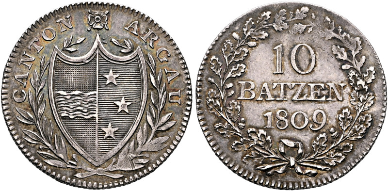 SWITZERLAND. Aargau, Kanton. 10 Batzen 1809 (Silver, 29 mm, 7.21 g, 6 h), variet...