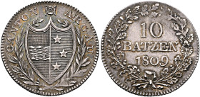 SWITZERLAND. Aargau, Kanton. 10 Batzen 1809 (Silver, 29 mm, 7.21 g, 6 h), variety with two laurel branches on the obverse, Aarau. CANTON - ARGAU Coat ...
