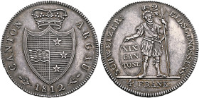 SWITZERLAND. Aargau, Kanton. 4 Franken (Neutaler) 1812 (Silver, 40 mm, 29.40 g, 6 h), Bern. CANTON - ARGAU / 1812 Crowned coat of arms. Rev. SCHWEIZER...