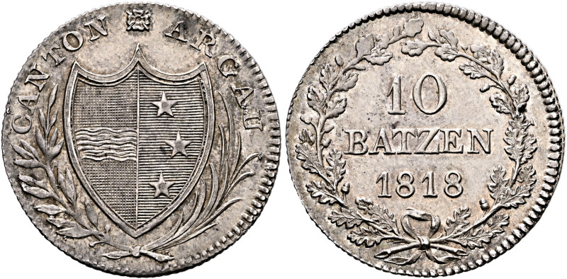 SWITZERLAND. Aargau, Kanton. 10 Batzen 1818 (Silver, 29 mm, 7.33 g, 6 h). CANTON...