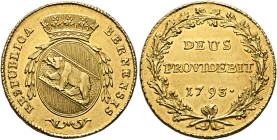 SWITZERLAND. Bern, Stadt. Doppelduplone 1793 (Gold, 29 mm, 15.26 g, 6 h). RESPUBLICA - BERNENSIS Crowned coat of arms, laurel wreath hanging from side...