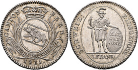 SWITZERLAND. Bern. Kanton. Franken 1811 (Silver, 29 mm, 7.47 g, 12 h), medal alignment variety. CANTON - BERN / DOMINUS PROVIDEBIT Crowned coat of arm...