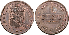 SWITZERLAND. Bern, Kanton. 1 Cent 1838 Pattern (Copper, 24 mm, 3.91 g, 12 h), with silver pin, Bern. REPUBLIK - BERN 1838✱ Coat of arms. Rev. 100 STUK...