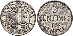 SWITZERLAND. Genf (Geneva). Kanton. 5 Centimes 1838 Pattern (Billon, 19 mm, 2.01 g, 5 h), by A. Bovy. •POST•TENE - BRAS•LUX•✱ Coat of arms. Rev. R. 5 ...