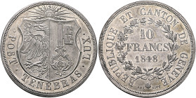 SWITZERLAND. Genf (Geneva). Kanton. 10 Francs 1848 (Silver, 48 mm, 52.15 g, 6 h). •POST•TENEBRAS•LUX• Coat of arms. Rev. REPUBLIQUE ET CANTON DE GENEV...