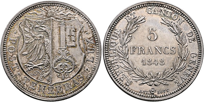 SWITZERLAND. Genf (Geneva). Kanton. 5 Francs 1848 (Silver, 37 mm, 26.00 g, 6 h)....