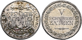 SWITZERLAND. Graubünden. Kanton. 5 Batzen 1807 (Silver, 26 mm, 4.72 g, 6 h). KANTON - GRAUBÜNDEN Three shields hanging from three joined hands, 1807. ...
