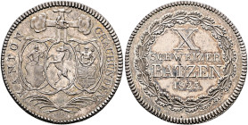 SWITZERLAND. Graubünden. Kanton. 10 Batzen 1825 (Silver, 30 mm, 7.52 g, 6 h), Zürich. KANTON - GRAUBÜNDEN. Three shields hanging from three joined han...
