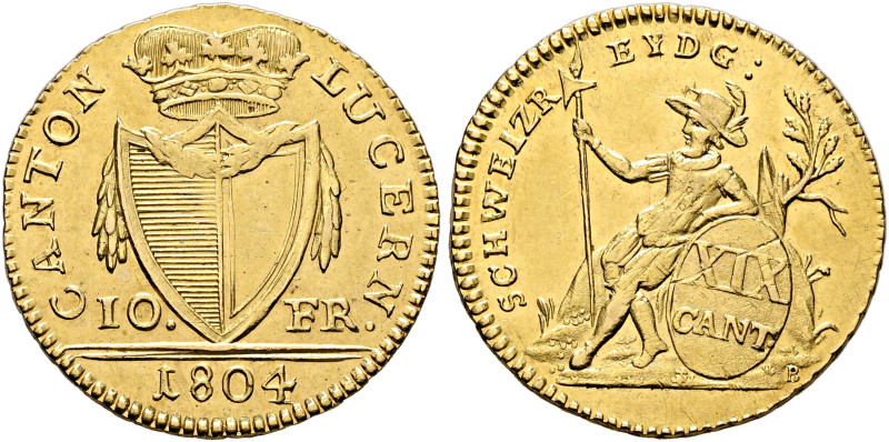 SWITZERLAND. Luzern. Kanton. 10 Franken 1804 (Gold, 21 mm, 4.77 g, 6 h), Luzern....