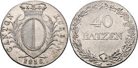 SWITZERLAND. Luzern. Kanton. 40 Batzen (Neutaler) 1816 (Silver, 39 mm, 29.34 g, 6 h). CANTON - LUZERN / 1816. Crowned coat of arms. Rev. 40 / BATZEN i...