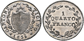 SWITZERLAND. Tessin (Ticino). Kanton. 1/4 Franken 1835 (Silver, 20 mm, 2.20 g, 6 h). CANTONE - TICINO Coat of arms between laurel branches. Rev. 1 / Q...
