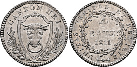 SWITZERLAND. Uri. Kanton. 4 Batzen 1811 (Silver, 23 mm, 3.70 g, 6 h). CANTON URI Bull's head in shield between laurel branches. Rev. UNITAS VERITAS ET...