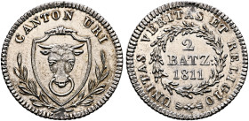 SWITZERLAND. Uri. Kanton. Doppelbatzen 1811 (Silver, 21 mm, 2.51 g, 6 h). CANTON URI Bull's head in shield between laurel branches. Rev. UNITAS VERITA...