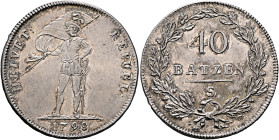 SWITZERLAND. Helvetische Republik. 1798-1803. 40 Batzen (Neutaler) 1798 S (Silver, 39 mm, 29.37 g, 6 h), Solothurn. HELVET: - REPUBL: / 1798 Soldier, ...