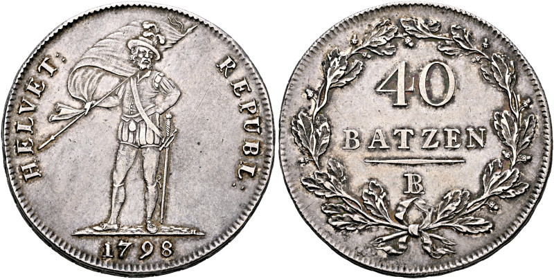 SWITZERLAND. Helvetische Republik. 1798-1803. 40 Batzen (Neutaler) 1798 BA (Silv...