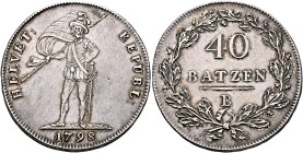 SWITZERLAND. Helvetische Republik. 1798-1803. 40 Batzen (Neutaler) 1798 BA (Silver, 39 mm, 29.37 g, 6 h), variety with soldier facing slightly to the ...