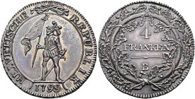 SWITZERLAND. Helvetische Republik. 1798-1803. 4 Franken (Neutaler) 1799 B Pattern (Silver, 39 mm, 29.27 g, 6 h). HELVETISCHE - REPUBLIK / 1799 Soldier...