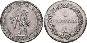 SWITZERLAND. Helvetische Republik. 1798-1803. 4 Franken (Neutaler) 1801 B (Silver, 40 mm, 29.37 g, 6 h), Bern. HELVETISCHE - REPUBLIK / 1801 Soldier, ...