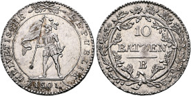SWITZERLAND. Helvetische Republik. 1798-1803. 10 Batzen 1801 B (Silver, 28 mm, 7.63 g, 6 h), Bern. HELVETISCHE REPUBLIK / 1801. Soldier, wearing plume...