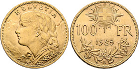 SWITZERLAND. Schweizerische Eidgenossenschaft (Swiss Confederation). 1848-present. 100 Franken 1925 B (Gold, 32.28 mm, 36.00 g, 6 h), Bern. HELVETIA B...