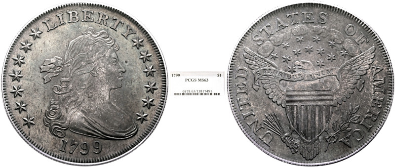 UNITED STATES. 1776-pres. Dollar 1799 (Silver, 39 mm, 27.00 g, 6 h), Draped Bust...