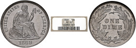 UNITED STATES. 1776-pres. Dime 1869 (Silver, 18 mm, 2.50 g, 6 h), Seated Liberty. By C. Gobrecht. Philadelphia. UNITED STATES - OF AMERICA / 1869 Pers...