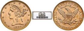 UNITED STATES. 1776-pres. 5 Dollars 1881 (Gold, 21 mm, 8.40 g, 6 h), Coronet Head, with motto. By C. Gobrecht. Philadelphia. Head of Liberty to left, ...