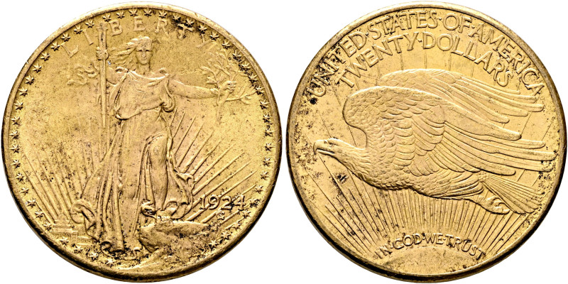 UNITED STATES. 1776-pres. 20 Dollars 1924 (Gold, 34 mm, 33.42 g, 6 h), Double Ea...
