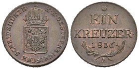 AUSTRIA. Francesco I (1804-1835). 1 Kreuzer 1816-A per Vienna. CU (g 8,55). Scudo coronato. R/ Valore, data e zecca. KM 2113. SPL