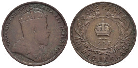 New Foundland. Eduardo VII (1901-1910). 1 Cent 1907 per Tower Hill, Londra. CU (g 5,63). Busto coronato a destra. R/ Corona e data entro corona. KM 9....